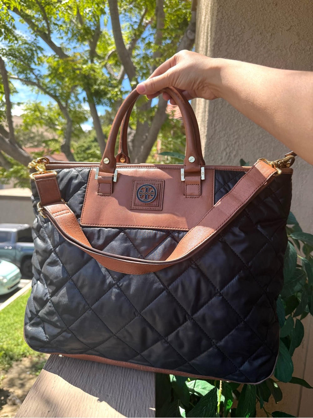 Tory Burch Black Quilted Tote with Brown Leather Trim